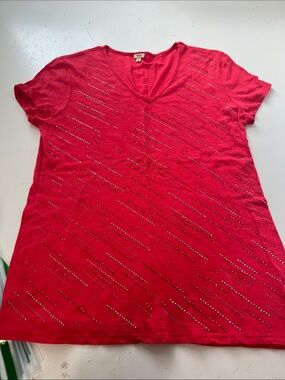 Reba Medium Pink Short Sleeve V Neck Jeweled Pattern T Shirt